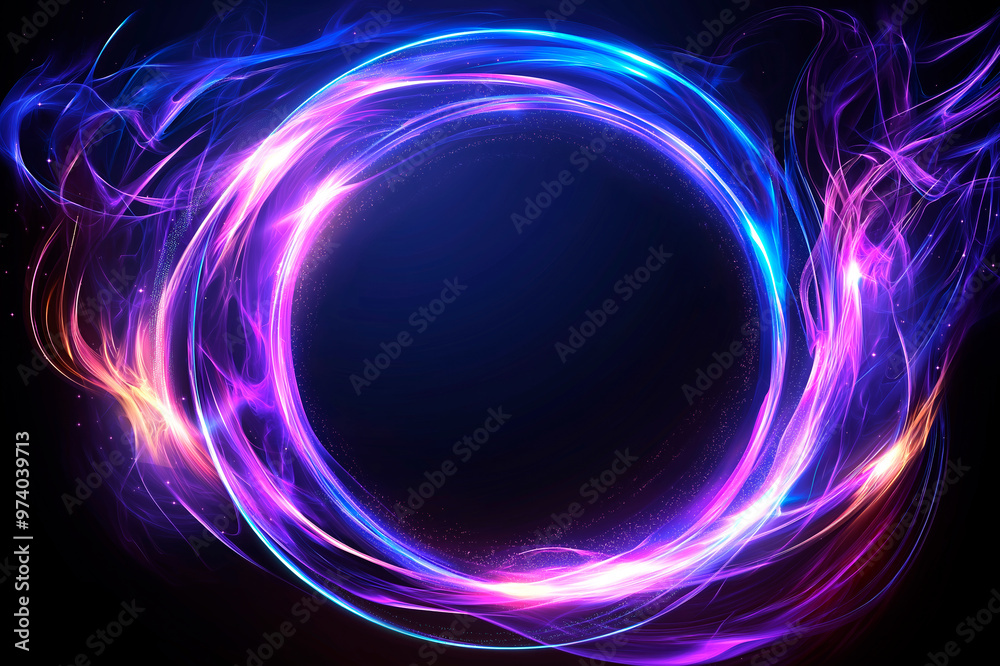 Poster neon light swirl abstract background with dark center circle.
