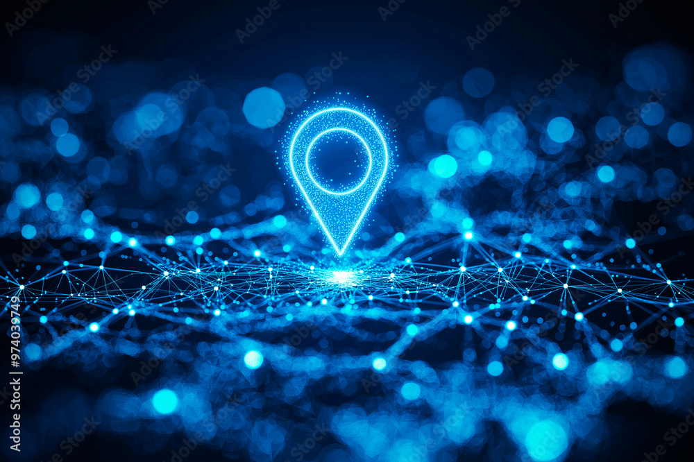 Poster abstract glowing location pin icon over a network of interconnected nodes on a dark blue background.