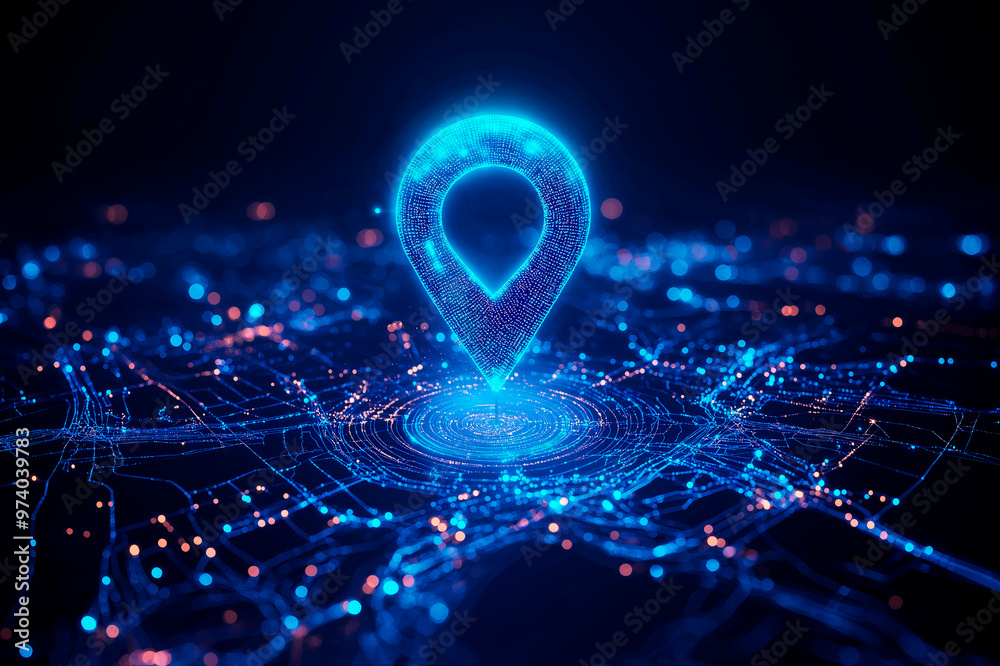 Poster neon blue location pin on digital map background. ai generative.
