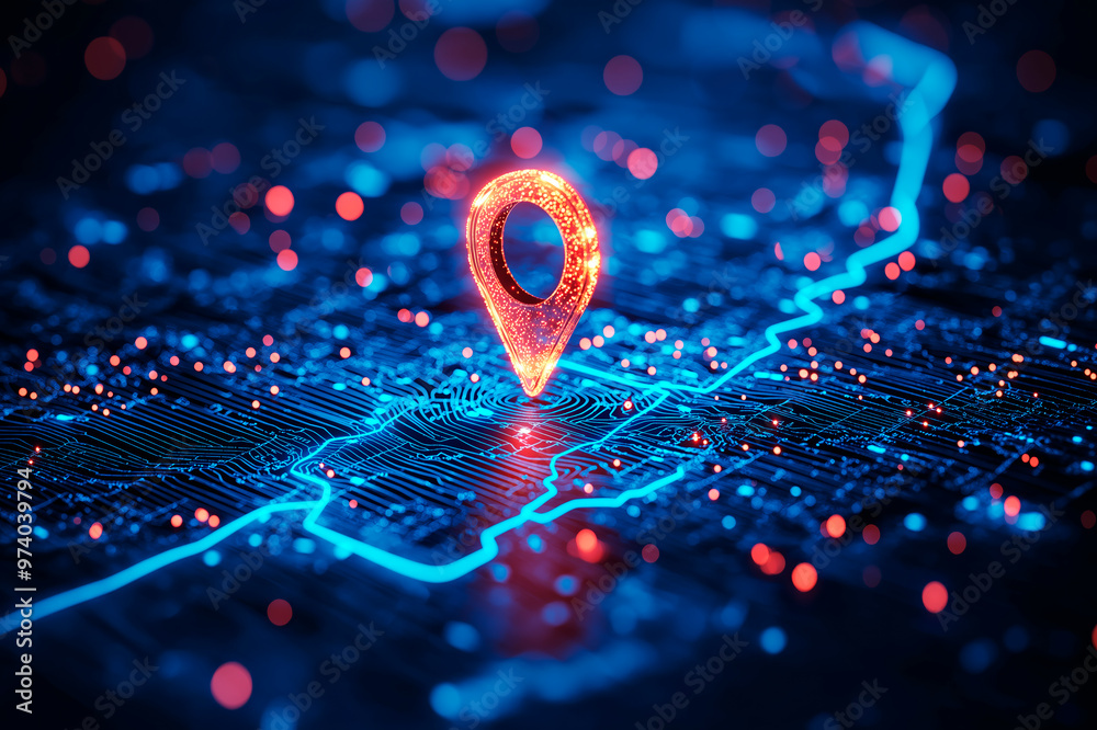 Poster Digital map with glowing location pin on a circuit board background, concept of navigation and technology.