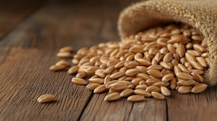 Fototapeta premium Close-up of raw wheat grains spilling from a burlap sack onto a textured wooden surface, highlighting natural agricultural produce..