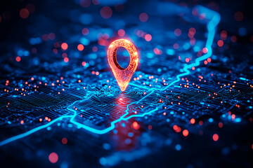 Digital map with glowing location pin on a circuit board background, concept of navigation and technology.