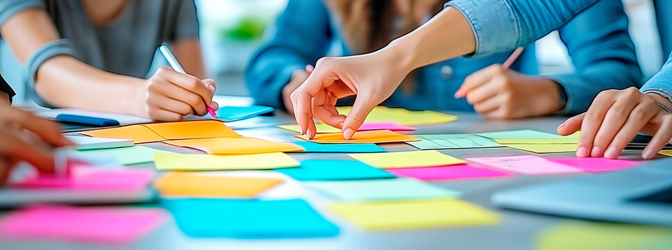 Team brainstorming session with colorful sticky notes on a table. Ai generative.