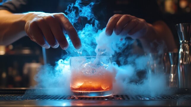 Experimental mixology, capturing a bartender in a creative process, using unconventional ingredients and techniques like smoke infusions, molecular foams, and color-changing elements