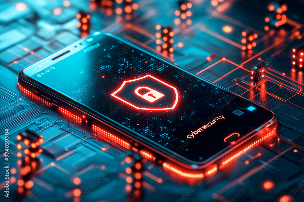 Aufkleber Smartphone with cybersecurity lock icon on a digital circuit background.