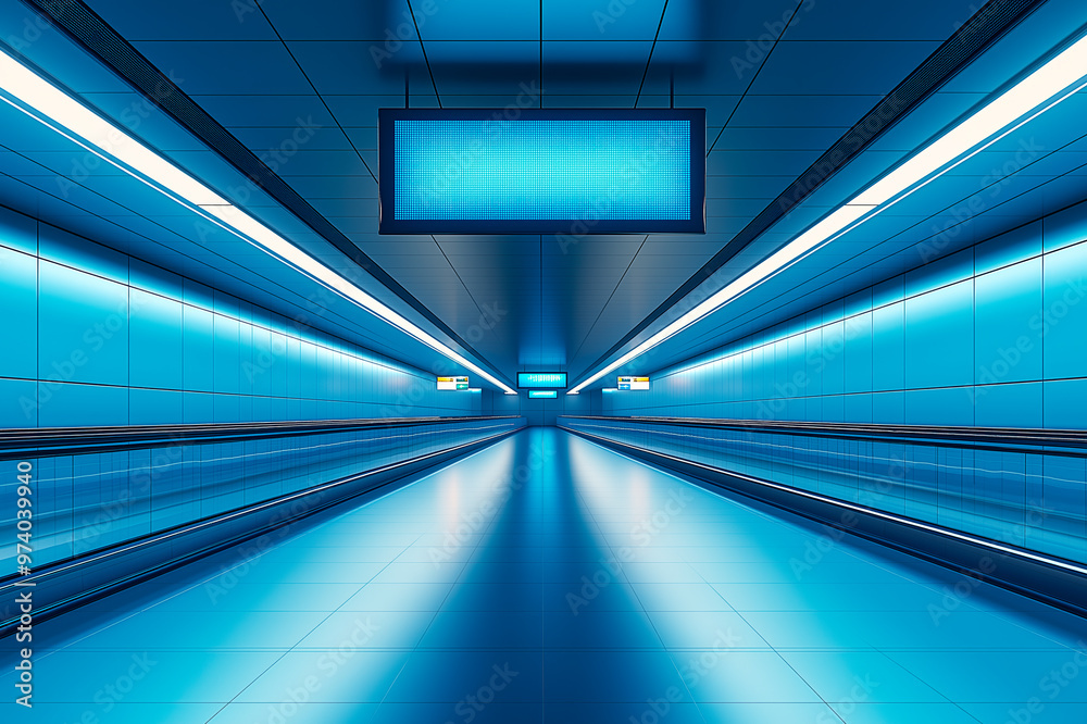 Poster futuristic blue-lit corridor with a large blank digital screen in the center. ai generative.