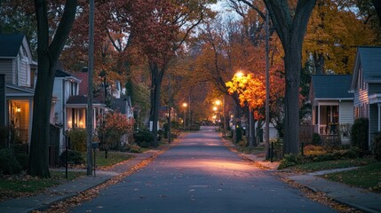 Fall evening walks in a suburban neighborhood, with streetlights casting a warm glow, leaves rustling underfoot, and a gentle breeze in the air