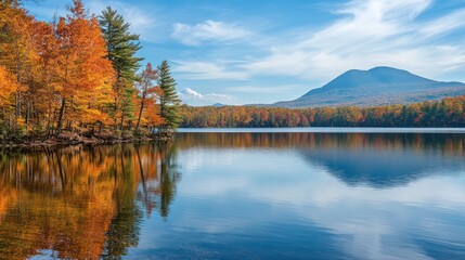 Fototapeta premium Fall foliage covering a serene lake, with colorful autumn leaves reflected on the calm water surface and a distant mountain backdrop