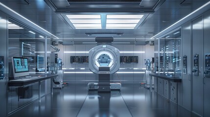 Sleek and sophisticated medical diagnostic facility featuring a futuristic interior design with high tech equipment advanced technology and a clean sterile atmosphere for cutting edge research