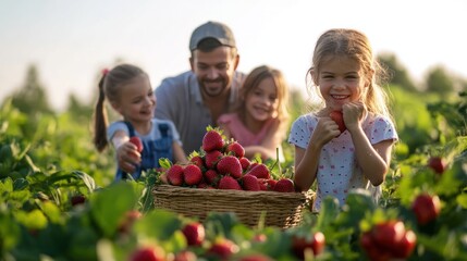 Family strawberry picking day, featuring parents and children together in a strawberry field, with baskets full of freshly picked fruit