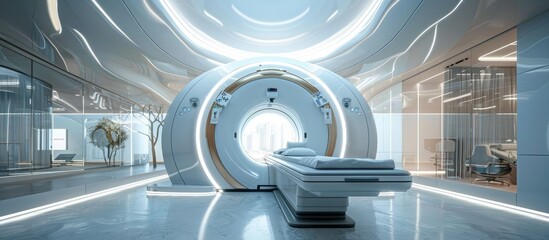 Futuristic and technologically advanced medical imaging room with state of the art MRI scanning equipment in a modern clean and bright hospital facility  The sleek minimalist design and curved
