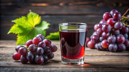 Glass of grape juice with green leaf and fruit on wooden background.