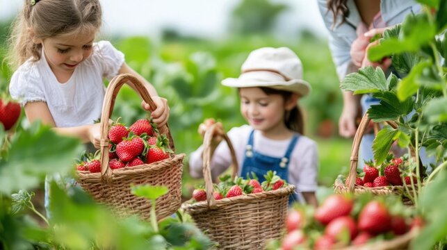Family strawberry picking day, featuring parents and children together in a strawberry field, with baskets full of freshly picked fruit - Powered by Adobe
