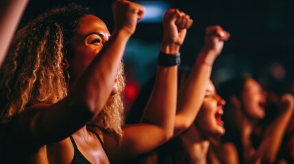 Female boxing fans cheering enthusiastically in the crowd during a live boxing match - Powered by Adobe