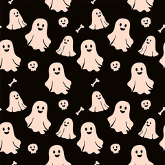 Scary ghosts seamless pattern on dark background for halloween decor, prints, wrapping paper