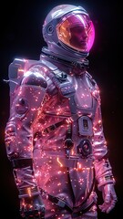 Fototapeta premium A futuristic astronaut in a pink and purple suit stands against a dark and mysterious backdrop.