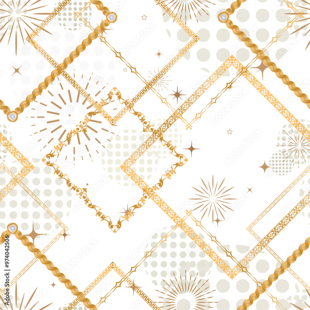 Poster Seamless pattern decorated with precious stones, gold chains and pearls.	