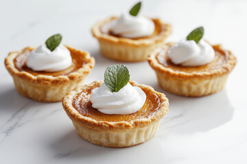 Mini pumpkin pies topped with whipped cream and a mint garnish, elegantly arranged on a white marble surface, ideal for festive autumn or Thanksgiving treats