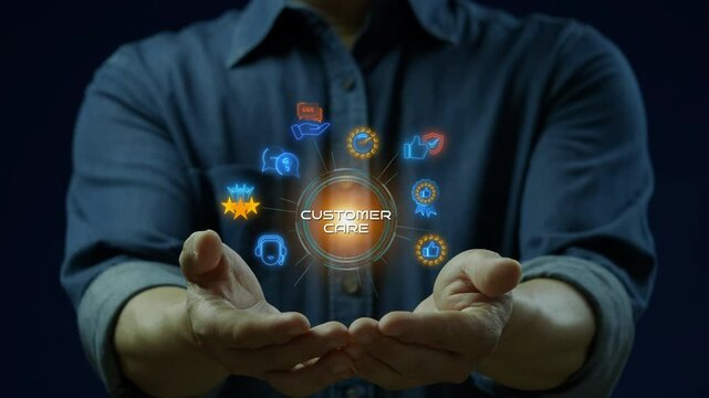 Businessman showing neon line banner of customer care concept with icons of support, help, client, service, quality, advice, satisfaction and reliability.