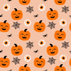 halloween seamless pattern banner background with pumpkin, ghost eyes, spider, and spider web