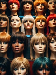 Mannequin heads with diverse wigs in an artistic arrangement.