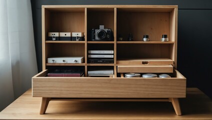 Minimalist wooden storage box with empty compartments on a light wood shelf.