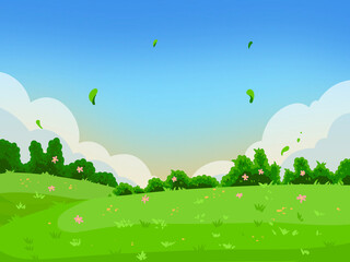 Fototapeta premium Beautiful summer fields landscape with a dawn, green hills, bright color blue sky, white clouds. country background in flat cartoon style banner.