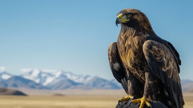 Golden eagle in Mongolia, perched on a hunter's arm, with its sharp eyes focused and wings slightly spread, set against a clear blue sky
