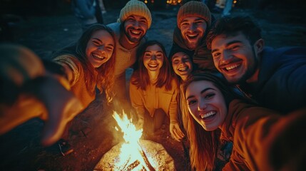 Naklejka premium Group selfie of happy friends around a campfire at night, laughter and warm light creating a cozy vibe