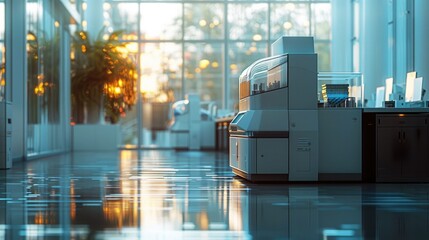 Minimalist and Modern Office Workspace with Desk Computer and Other Digital Equipment Placed Under Bright Sunlit Glass Windows Reflecting the Exterior Environment