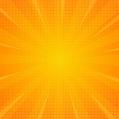 Obraz premium Bright orange-yellow gradient abstract background. Orange comic sunburst effect background with halftone. Suitable for templates, sales banners, events, ads, web, and pages