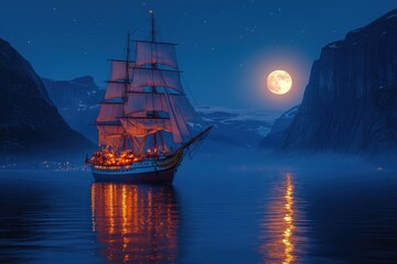 Old style sail ship sailing under full moon at night