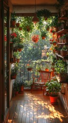 Obraz premium Modern balcony garden with lush greenery and wooden planters adding tranquility to urban living