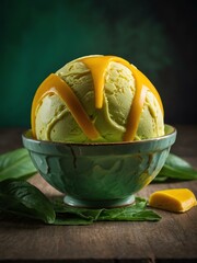 Yellow mango ice cream ball on green.