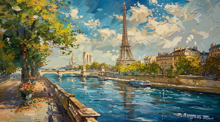 Eiffel Tower and Seine River, Oil Painting Illustration, Paris Landmarks, Travel Art,  Elegant Parisian Decor, 300dpi