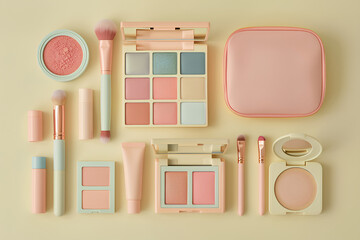 Makeup and beauty products on pastel background, top view. In the center there is an open leather bag with lipstick, powder palette of blushes, eyeshadow palettes and brushes for makeup