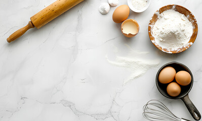 white marble kitchen counter with baking tools and ingredients, eggs, flour, oil on the side, white background, top view,  culinary activity at home or bakery workshop. 