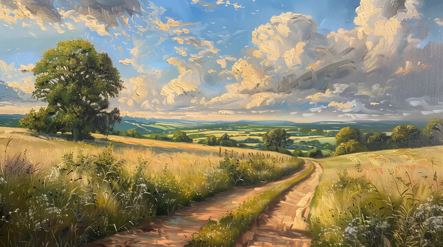 Italian Countryside, Oil Painting Illustration, Natural Landscape, Formal Decor, Elegant Nature Scene, 300dpi