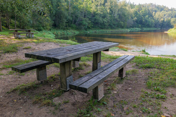 Picnic place with table and benches in national park Gauja, Latvia.