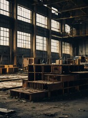 Abandoned factory with unassembled products symbolizing supply chain disruption.