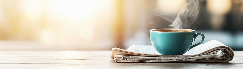 Turquoise coffee cup paired with a newspaper on a warm wooden surface, representing relaxation and daily habits, Morning coffee, Daily news