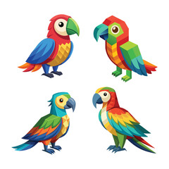 Set of Colorful Parrots in Geometric Vector Style