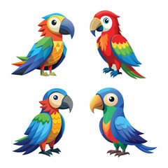 Set of Colorful Tropical Parrots in Flat Vector Style