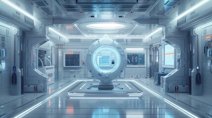 Futuristic science fiction themed digital interior with high tech facilities sleek design elements and an atmosphere of innovation and progress  The image depicts a modern