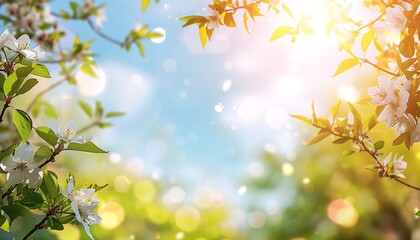 Fototapeta premium Beautiful blue sky with clouds and green leaves on a bright sunny day