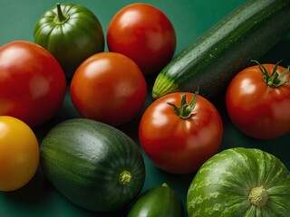 Assorted vegetables like zucchini and tomatoes on a green background
