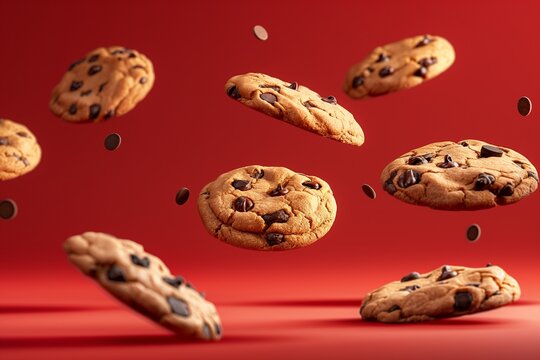 Chocolate chip cookies on red background