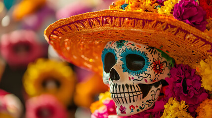 Mexican Day of the Dead altar with a colorfully painted skull wearing a typical hat surrounded by marigold flowers and a lit candle, symbolizing tradition and ancestral memory.