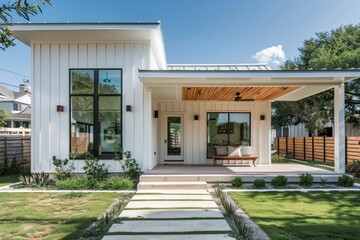 Modern Farmhouse White House with Large Windows, Wooden Fences, Concrete Walkways, and Minimalist Door in Texas Urban Neighborhood