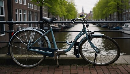 Bicycle parked on a bridge in Amsterdam.